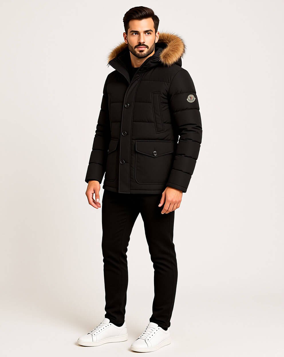 Moncler Men’s Designer Parka – Luxury Down Jacket with Fur Hood, Zipper & Button Details | 50% Off + Free Worldwide Shipping
