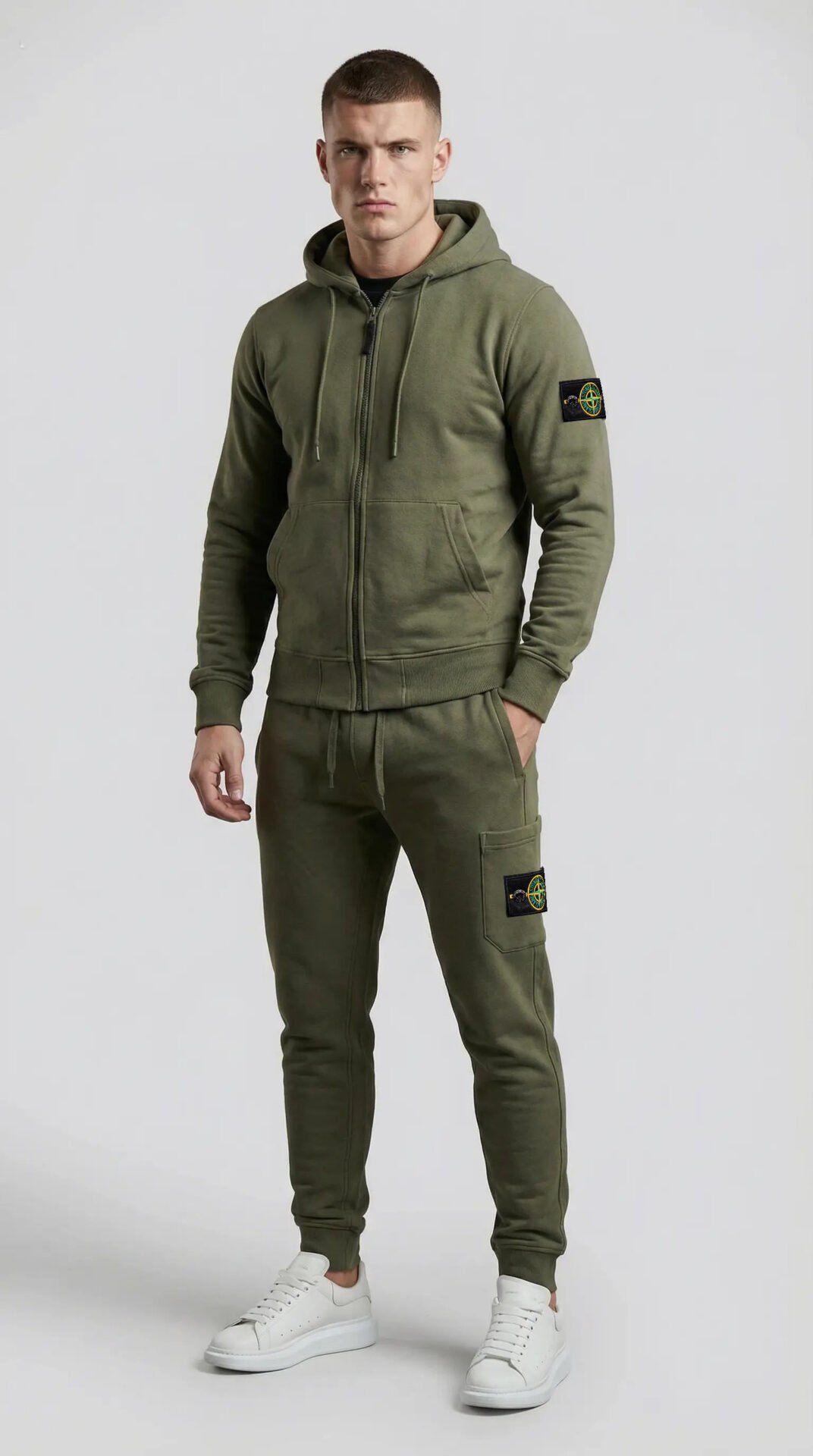 Stone Island Style Tracksuit Olive Green – Premium Men’s Hoodie Set | Slim Fit Designer Sportswear