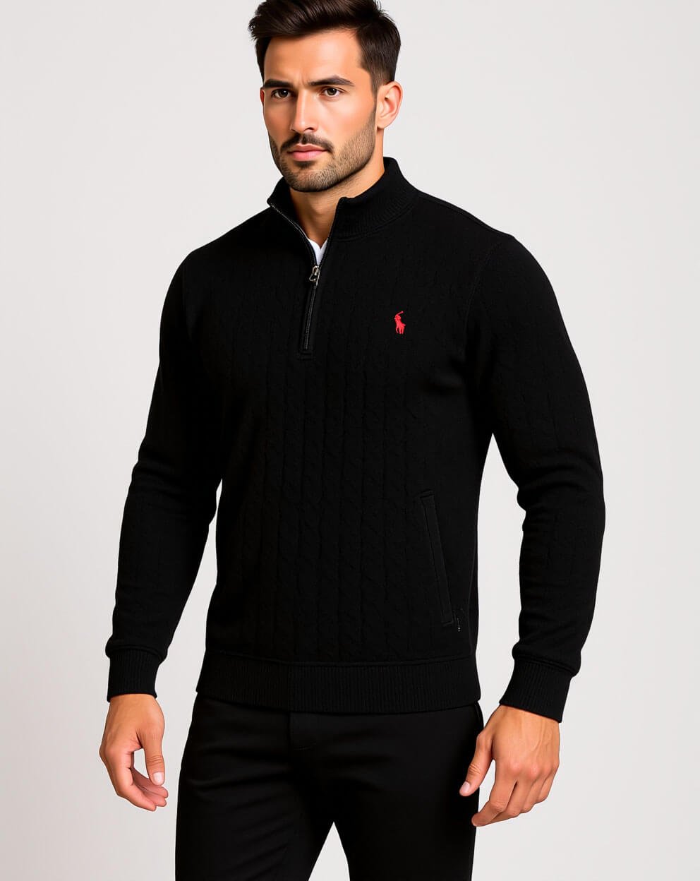 Ralph Lauren Men’s Half-Zip Cable Knit Sweater – Black - Image 2