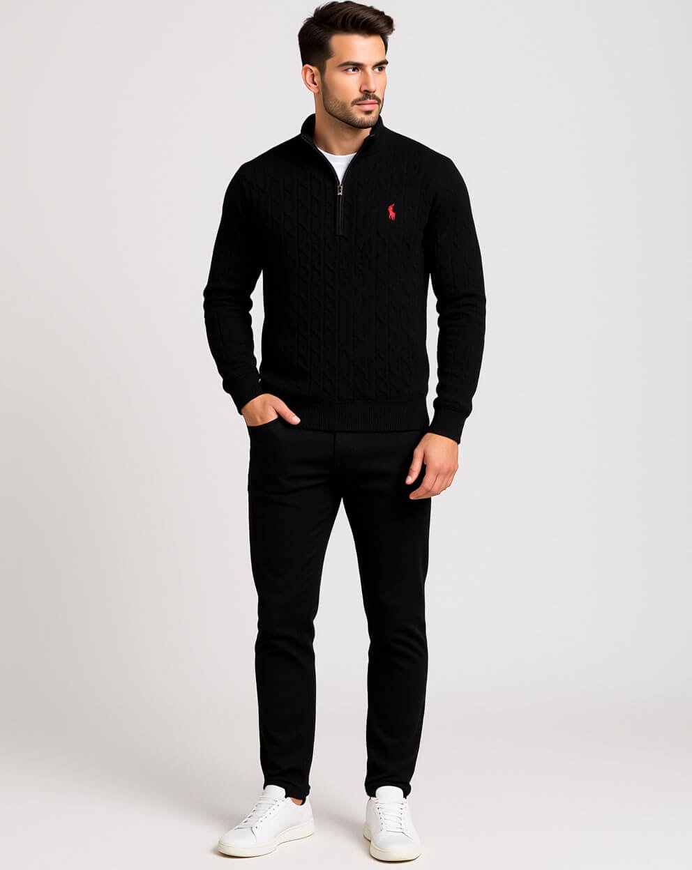 Ralph Lauren Men’s Half-Zip Cable Knit Sweater – Black
