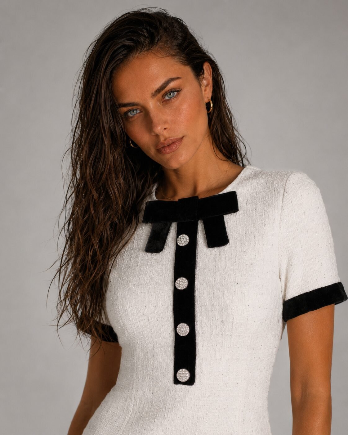 The Icon Dress – White Bouclé Mini with Black Bow - Image 4