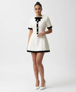 Elegant White Mini Dress with Black Bow – Designer Style Monochrome Dress